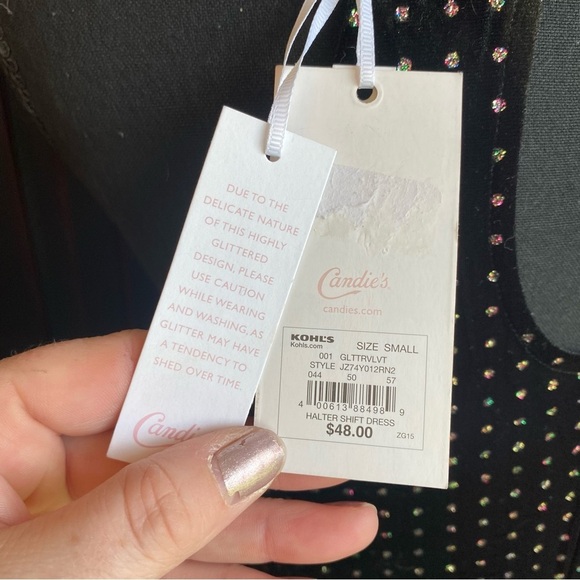 Candie’s Black Velvet Multi Color Glitter Dots Halter Mini Dress Size Small NWT - Picture 8 of 10
